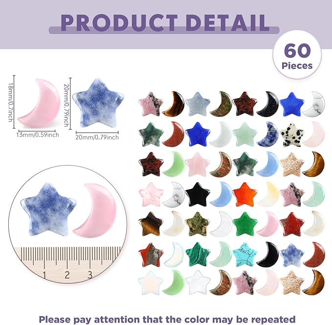 Nuenen 60 Pieces Worry Stones Bulks Star Shaped Crystals and Moon Shaped Crystals Assorted Palm Thumb Stones Hand Making Gemstone Decorative Crystal for Witchcraft Meditation DIY Balancing Jewelry