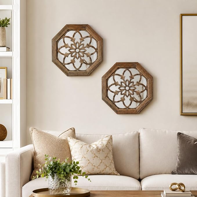 2 Pack 12 Inch Octagon Maroon Rustic Wood Frame Acrylic Wall Mirrors, Farmhouse Boho Wall Art Decor for Living Room, Bedroom, Hallway, Entryway, Bathroom & Office