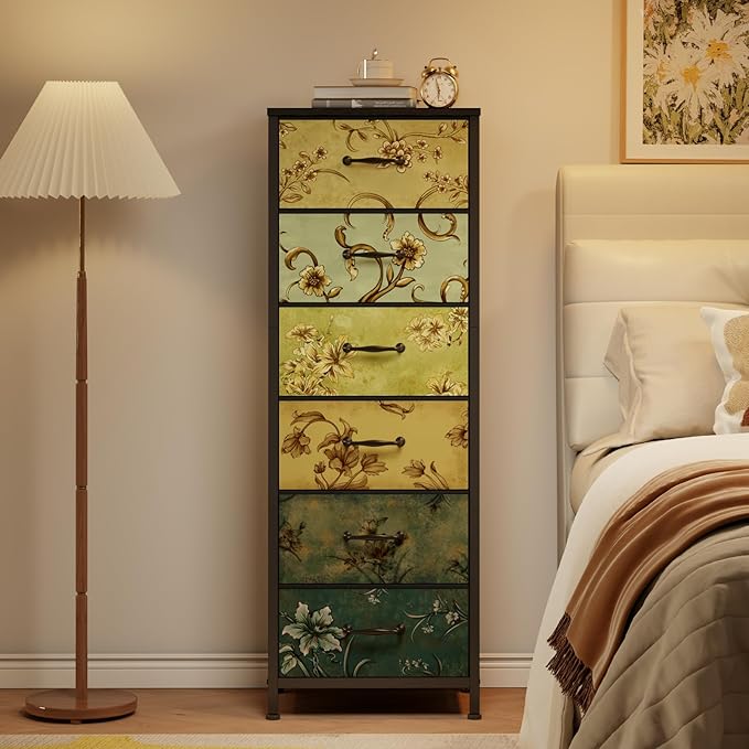 Tall 6 Drawers Dresser for Bedroom, Vintage Storage Organizer Unit | Tall Nightstand with Fabric Drawers, Retro Floral Pattern, Skinny Dresser for Closet, Dorm, Entryway, Metal Frame, Wood Top