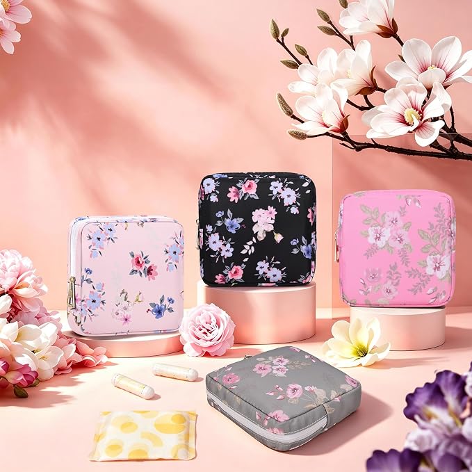 Canvas Period Pouch Discreet Sanitary Napkin Storage Bag Pad Bags | Menstrual Cup & Pad Holder, First Period Kit Storage, Feminine Bag for Women, Portable, Flower Print