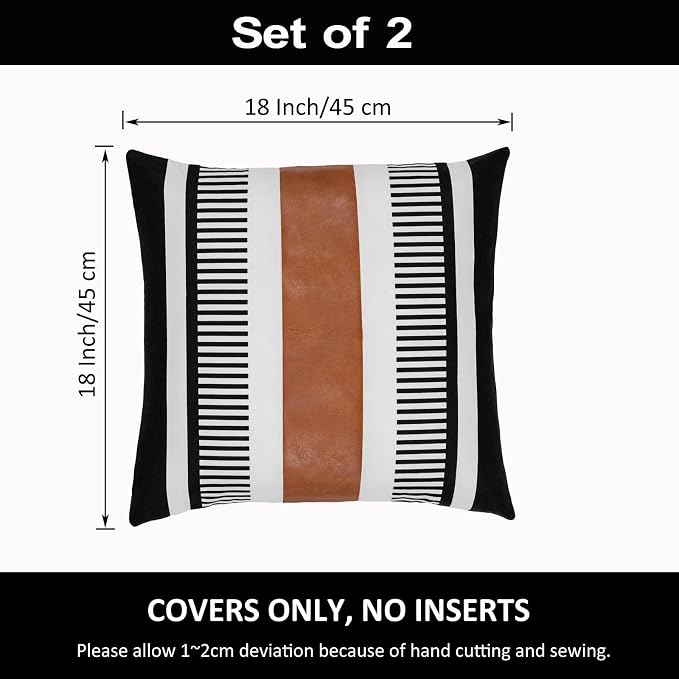 Pack of 2 Farmhouse Throw Pillow Covers for Couch Sofa Decorative Faux Leather Square Cushion Cover Tribal Stripe Accent Pillow Case 18 x 18 Inch,Black