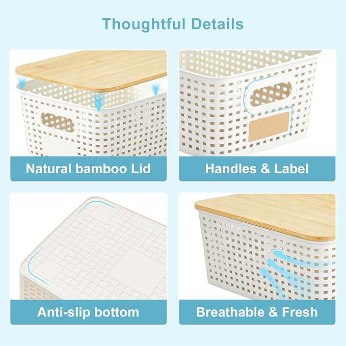 Small Plastic Storage Bins with Bamboo Lids 5.2qt Stackable Box Basket Pantry Decorative Containers Cute with Labels for Organizing Desktop Closet Office Cream White of 6 packs 10*7.2*4.1"