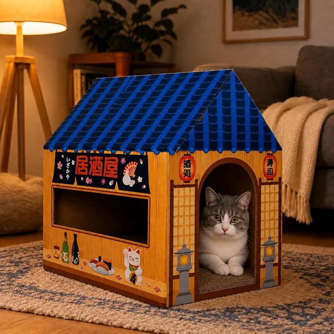 Cinrobiye Cardboard Cat House with Scratcher Izakaya Bar Pet Board Bed Cave Playhouse Hideaway Hideout Condo Decor Small Animals Scratch Box for Indoor Cats Kittens Rabbits Bunny