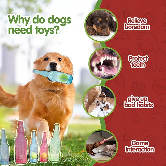 Tennis Ball in Bottle Dog Toy [2025 New Upgrade] Reinforced and Thickened Rubber Bottle Dog Chew Toy with Ball Squeaky Fetch Toy Tough (Red, Large)
