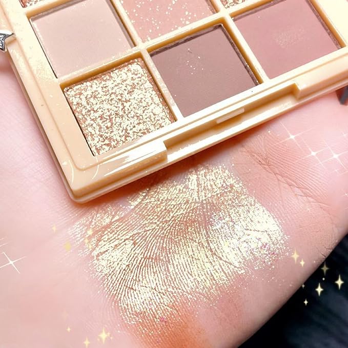 9 Colors Milk Tea Glitter Eyeshadow Palette, Matte Nude Neutral Brown Blendable Shades, Bronzer Champange Gorgeous Pearls Powder Eyeshadow, Sparkling Shimmer Daily Bright Diamond Makeup #01