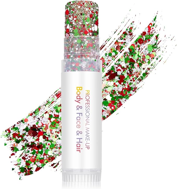 Body Glitter Stick, Holographic Sparkling Sequins Neon Outfit Music Rave Festival Accessories Super Sparkly Christmas Hair and Face Paint Glitter Gel Makeup.(Red & White & Green)