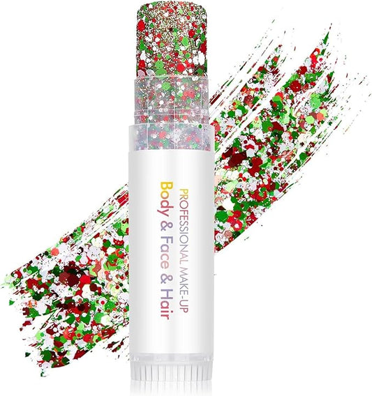 Body Glitter Stick, Holographic Sparkling Sequins Neon Outfit Music Rave Festival Accessories Super Sparkly Christmas Hair and Face Paint Glitter Gel Makeup.(Red & White & Green)