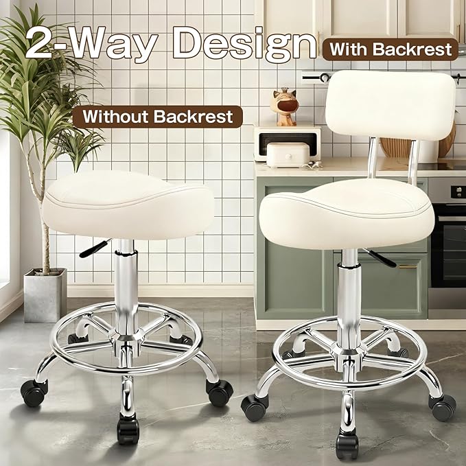 Saddle Stool with Back and Ring Pedal, Adjustable Hydraulic Rolling Chair with Wheels for Salon, Spa, Medical, Massage & Drafting Use White