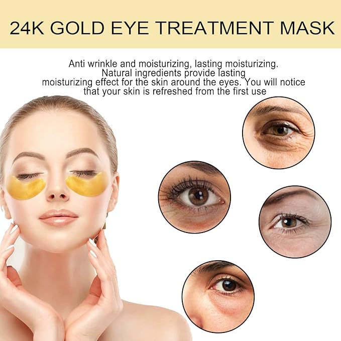 24K Gold Anti-Aging Eye Treatment Mask-Collagen Hyaluronic Acid Formula, Under Eye Patches for Dark Circles, Wrinkles, Puffiness
