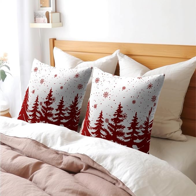Kawani Christmas Trees Pillow Covers 22x22 Inches, 2 Pcs Red White Xmas Snowflakes Pine Tree Pillowcase Cotton Linen Square Cushion Case for Couch Bed Sofa Holiday Party Home Décor