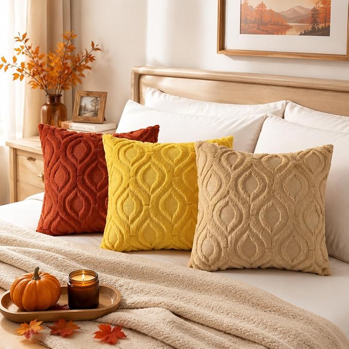 decorUhome Faux Fur Mustard Yellow Throw Pillow Covers 18x18 Set of 2 | Plush Solid Fall Couch Pillow Covers, Accent Modern Farmhouse Neutral Decorative Soft Pillow Cases for Sofa Bed Living Room