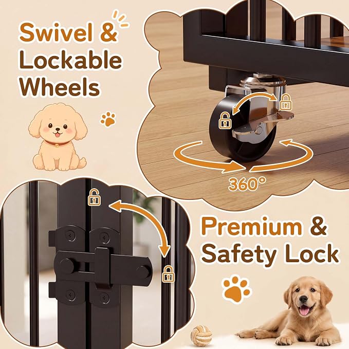 37" Dog Crate Furniture, Wooden Dog Kennel Indoor with Storage (Walnut) | Heavy Duty Pet Cage Indoor for Small & Medium Dogs, Dog Kennel with Storage Shelf, 4 Lockable Wheels and Stairs, Loft-Style
