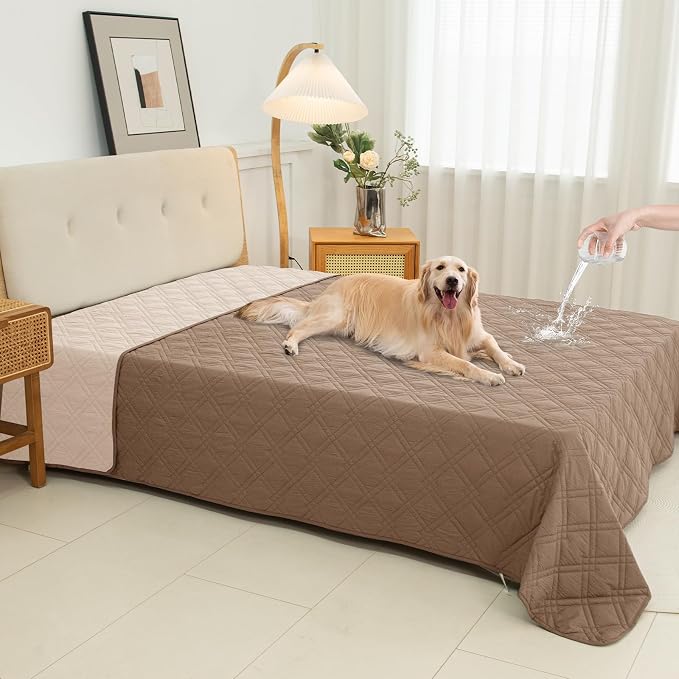 100% Waterproof Washable Dog Blanket，Taupe+Apricot， 82"x92" | ,7-Layer Reversible Couch Covers for Dogs Met for Sofa Furniture Car Camping