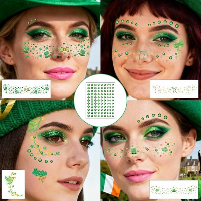 St Patricks Day Temporary Tattoos Green Leaf Blush Face Tattoos Lucky Clover Shamrock Fake Tattoos Cute Bow Star Freckles Face Tattoo Waterproof Makeup Stickers with Green Gems for Girls 12 Sheets