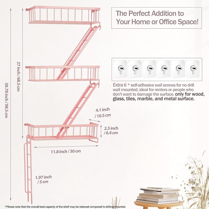 Fire Escape Shelf - Pink Wall Decor Floating Shelves, Cute Metal Ladder Shelving for Bedroom, Home Decor Display (3-Tier)