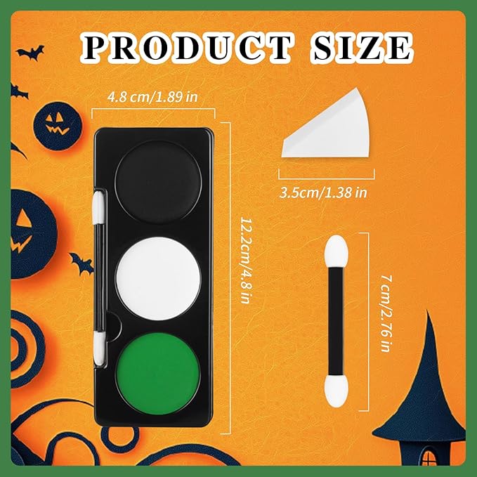 Green Witch Makeup Kit,Black White Green Face Paint + 3PC Sponge + Brush,Zombie Hulk Hunting 3 Colors Body Paint Palette,Safe Halloween Elphaba Costume Frankenstein Cosplay Set for Kids,21g