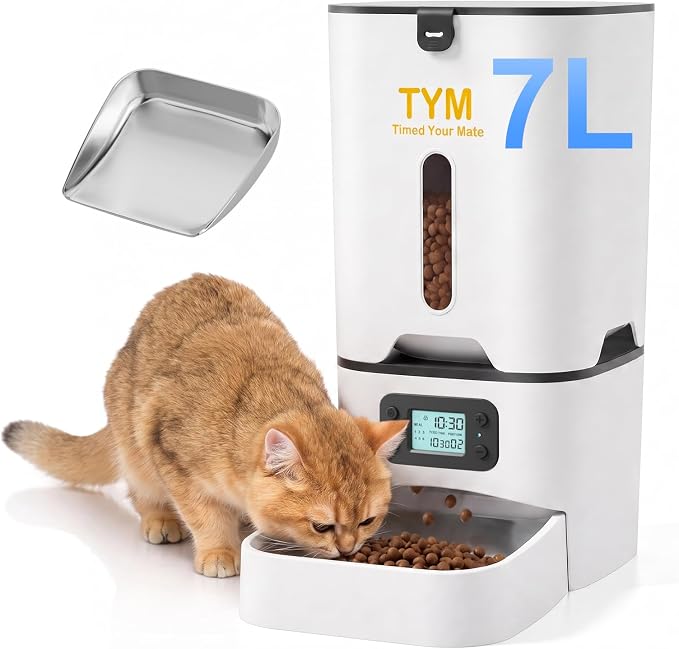 TYM Automatic Cat Feeder, 7L Large-Capacity Cat Food Dispenser with Timer | Easy Controls | 9 Meals/Day | 1-15 Portions/Meal | No App | Ideal for Cats & Small Dogs | Fresh Food | Stainless Steel Bowl
