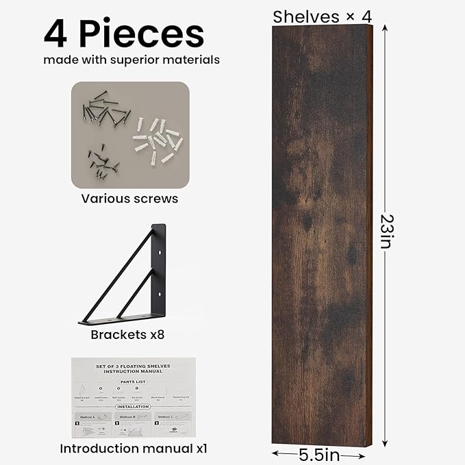 BAYKA Wall Shelves for Bedroom Decor, Floating Shelves for Wall, Display Mounted Rustic Wood Shelf for Books,Plants,Corner Shelves for Bathroom,Kitchen,Living Room(Rustic Brown，23in，Set of 4)