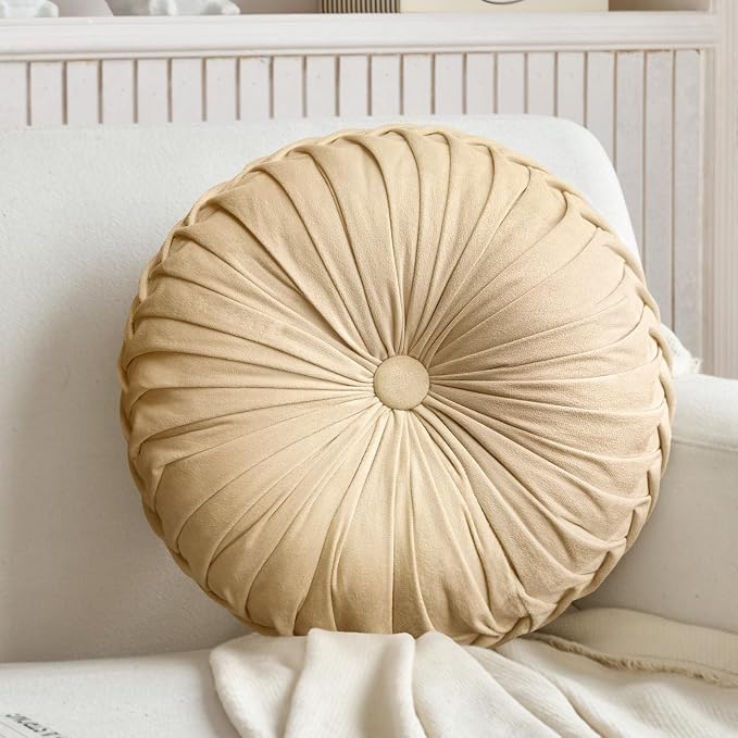 Teieas Round Throw Pillow Velvet Pleated Round Pillow Cushion | Boho pumpkin bed pillows,floor pillow for live room,couch,chair,bed, car,home decoration apricot 14.96''