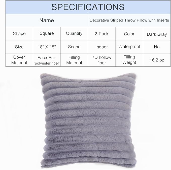 Decorative Throw Pillow with Inserts, Set of 2 Soft Faux Fur Throw Pillows, Square Boho Striped Pillow for Couch, Bed, Sofa Decor(Gray, 18" x 18")