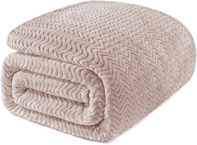 Exclusivo Mezcla Soft Fleece Blanket Queen Size for Bed, Sofa, Camel | 90"x90" Breathable Lightweight Flannel Blanket for Summer, Plush Cozy Jacquard Wave for Home Decor