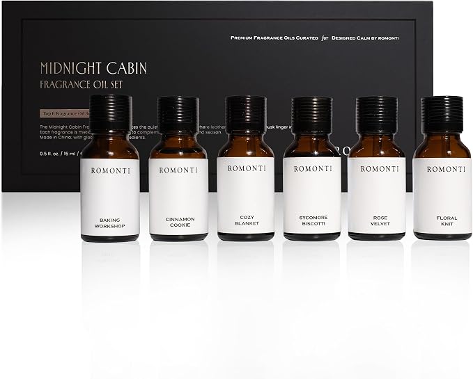 Aroma Essential Oil Gift Set, Midnight Cabin Collection, 6 Pack Oils for Diffuser - Window Pine, Grooming House, Gentleman's Tea Room, Night Cologne, Leather Armchair, Library Linen