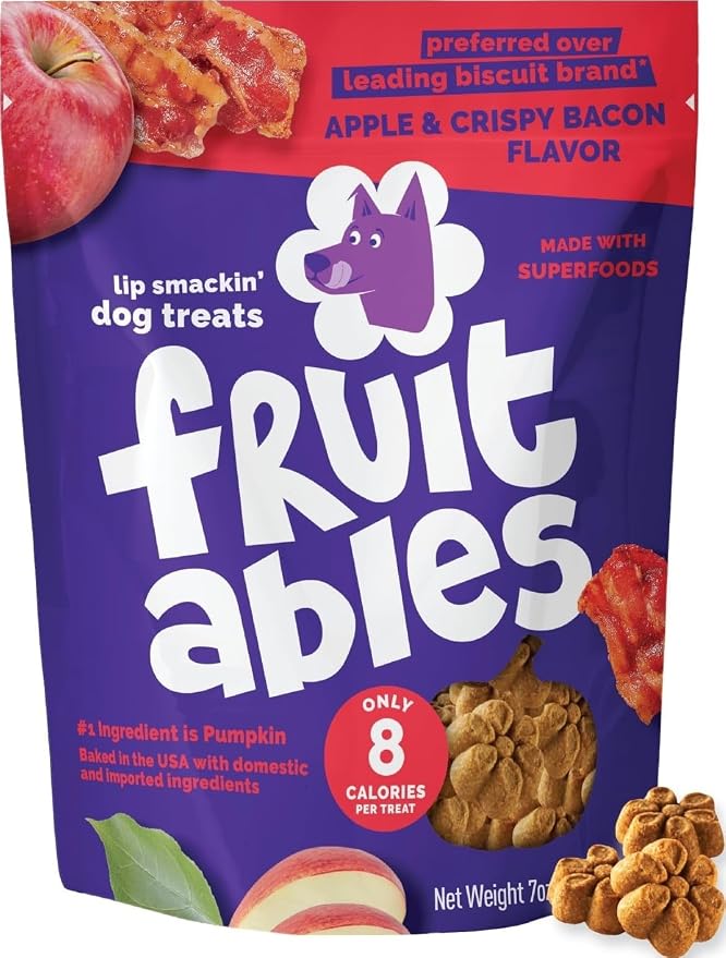 Fruitables Baked Dog Treats, Pumpkin Snacks for Dogs, Low Calorie & Delicious, No Wheat, Corn or Soy, Healthy Puppy Training Treats, Made in the USA, Apple and Crispy Bacon Flavor, 7oz | Healthy Dog Treats, Training Treats, Crunchy Dog Biscuits, Limite...