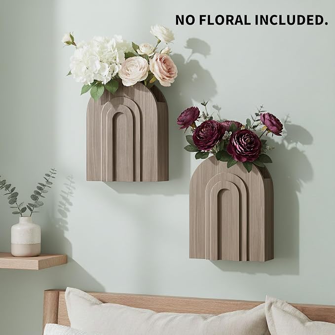 2 Pack Natural Wooden Wall Vase for Pampas Grass, Rustic Wall Decor | Wooden wall vase set for faux greenery and eucalyptus; rustic farmhouse wall decor for bathroom, hallway or entryway