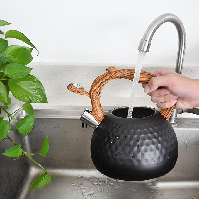 GGC Tea Kettle for Stove Top, Loud Whistling Kettle for Boiling Water Coffee or Milk, 3.1 Quart 3L Heavy Stainless Steel Black Kettle with Wood Pattern Handle, Unique Button Control Kettle Outlet
