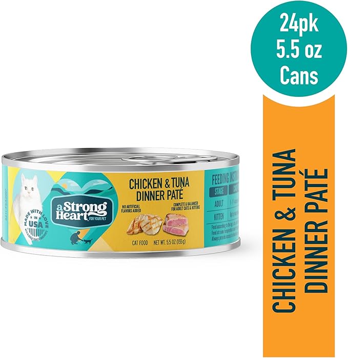 A Strong Heart Cat, Chicken & Tuna Dinner, 5.5oz Cans, Pack of 24 | Real chicken & tuna, complete & balanced all life stages, pate, made in USA, 24 x 5.5oz cans
