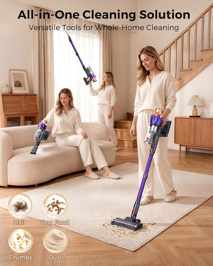 Cordless Vacuum Cleaner for Home, 600W/50KPa Powerful Suction, 60Mins Self-Standing Stick Vacuum with Anti-Tangle Brush & LED Display, Lightweight Handheld Vacuum for Pet Hair, Carpets & Hard Floors