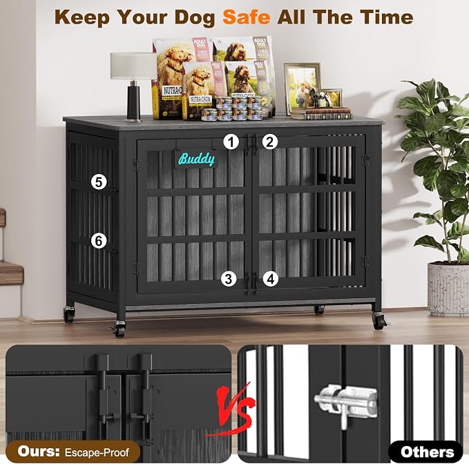 EasyCom 46"/42"/33" XXL Heavy Duty Dog Crate Furniture with Casters | Dog Kennel Indoor with Name Tag, Escape-Proof and Chew-Proof Dog Cage for Large High Anxiety Dog, as End Table