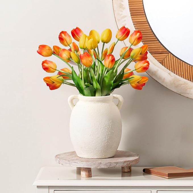 Dobbyby Ceramic Flower Vase 7.6 inch Farmhouse Rustic Vase Decorative Pottery Terracotta Vases for Home Decor Table Mantle Fireplace Living Room Bathroom Wedding Centerpiece (White-Upgraded)