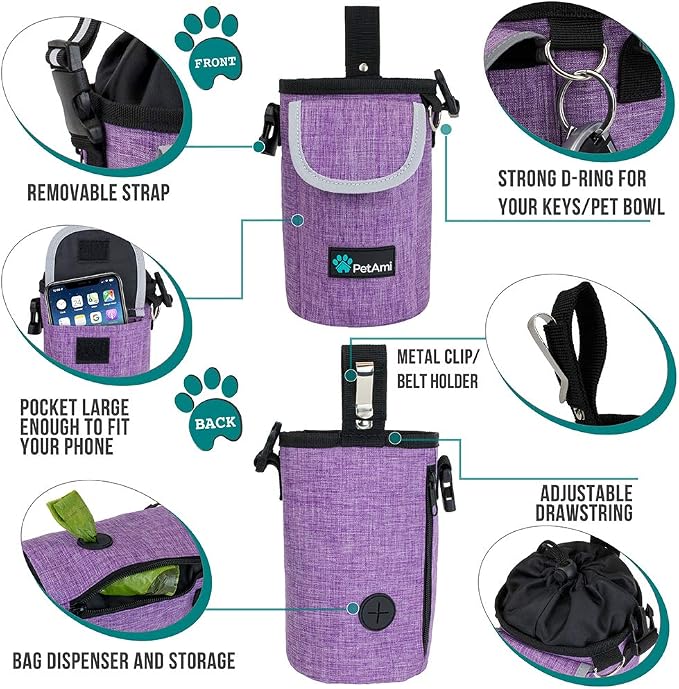 PetAmi Dog Treat Pouch, Large Hands-Free Training Bag, Purple