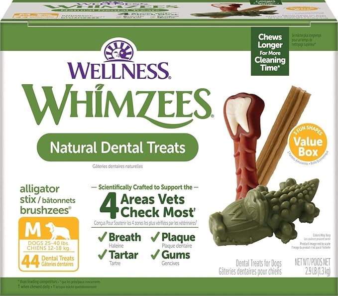 Wellness WHIMZEES Value Pack Natural Dog Dental Treat, Chews, Freshens Breath, Medium Size, 46.6 oz Box, 44 Count