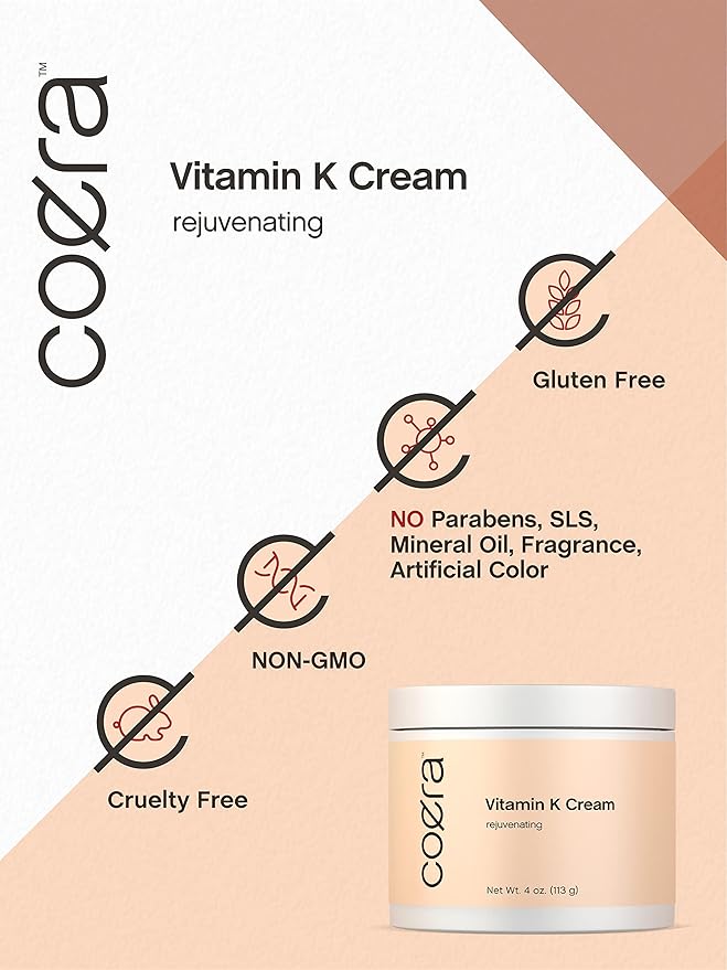 Coera Vitamin K Cream 4 oz | Premium Formula for Bruises, Spider Veins, Dark Circles, Broken Capillaries, Eyes, and Face | Paraben and SLS Free
