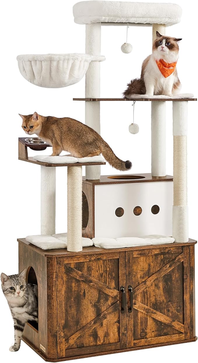 Feandrea Cat Tree, 66.9-Inch Cat Tower with Litter Box Enclosure, Large Condo with Food Station, Storage, Scratching Posts, Cave, Hammock, Washable Cushions, Rustic Brown UPCT169K01 | Large Condo with Food Station, Storage, Scratching Posts, Cave, Hamm...