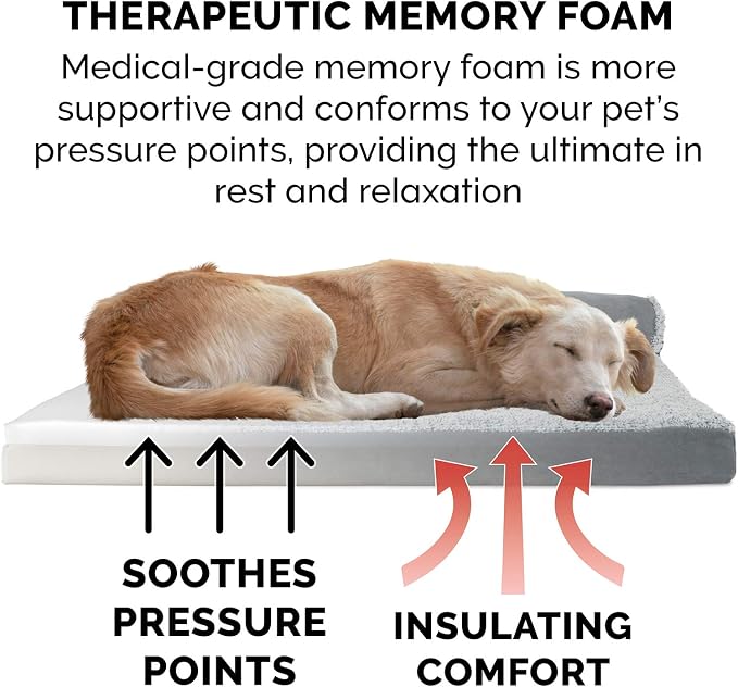Furhaven Memory Foam Dog Bed for Large/Medium Dogs w/ Removable Bolsters & Washable Cover, For Dogs Up to 55 lbs - Two-Tone Plush Faux Fur & Suede L Shaped Chaise - Stone Gray, Large