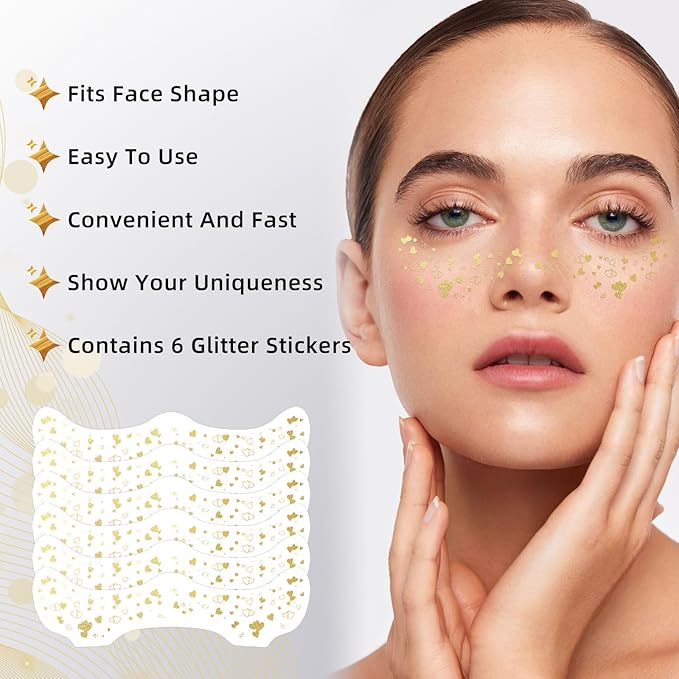 Glitter Freckles - Gold Fake Freckles, 6PCS Makeup Patches, Sweatproof Face Jewels for Women, Faux Face Glitter for Kids, Waterproof Glitter Freckles Face Tattoo, Party Makeup Accessory Face Glitter
