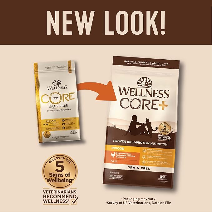 Wellness CORE+ Adult Dry Cat Food for Indoor Cats, Natural, Grain Free Kibble, Chicken and Turkey Recipe, 11 lb Bag