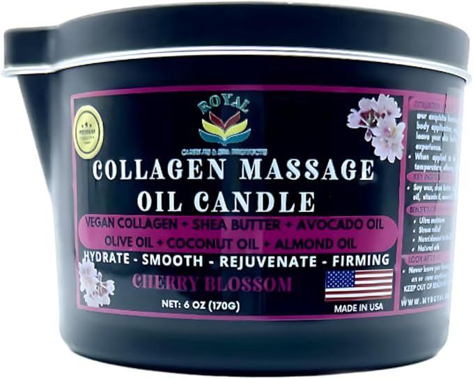Royal Collagen Massage Oil Candle, Body Massage Oil Candle, Candle Massage Oil, Aromatherapy Candle, Couple Massage Oil Candle, 6 oz. with Pouring spout - Cherry Blossom Scent
