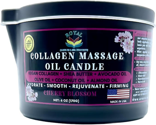 Royal Collagen Massage Oil Candle, Body Massage Oil Candle, Candle Massage Oil, Aromatherapy Candle, Couple Massage Oil Candle, 6 oz. with Pouring spout - Cherry Blossom Scent