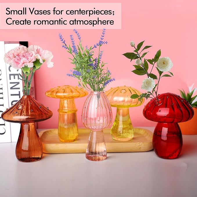 5 PCS Mushroom Shaped Glass Vase, Planters Clear Hydroponic Vase, Flowers Plants for Decorative Centerpiece,Table Decor,Home Wedding Party (5 Color)