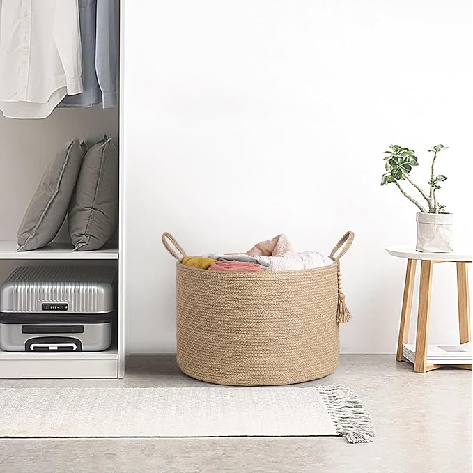 Mkono Woven Storage Basket for Blanket, Toys Plant Organizer, 22"W x 13.8"L | Brown, Jute, Decorative Basket with Handle, Wood Beads Tassel, Shoes Towel Clothes Storage Bin, Living Room Bedroom Nursery