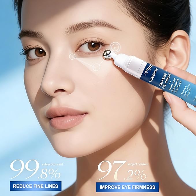 Caffeine Eye Cream with 360° Roller, Depuffing Serum with Caffeine, Collagen, Hyaluronic acid, Hydrating Under Eye Cream Firming Gel Reduce Puffiness, Dark Circle, Fine Lines & Bags, 0.5 Oz