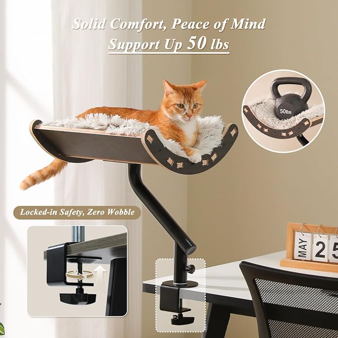 PEQULTI Desk Cat Bed, 360° Rotating Clamp-On Cat Hammock, Wood, Black | Clamps to desk edge (2.4", no drilling); holds 50 lbs; 360° rotating perch, 11.8" high; removable washable cushion