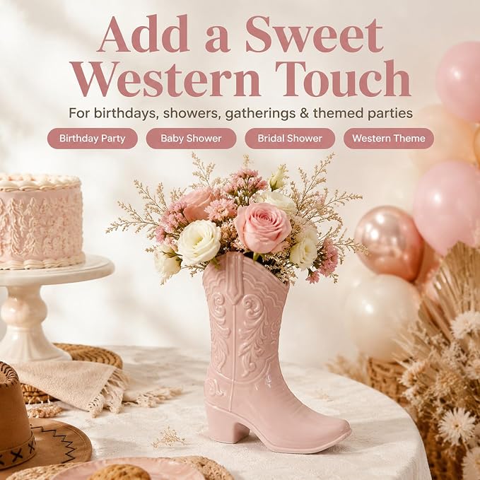 9.13 Inch Pink Ceramic Cowgirl Boot Vase, Unique Western Style Cowboy Boot Vase for Modern Country Home Decor, Wedding Table Centerpiece, Living Room, Bedroom, Office, Gift for Women