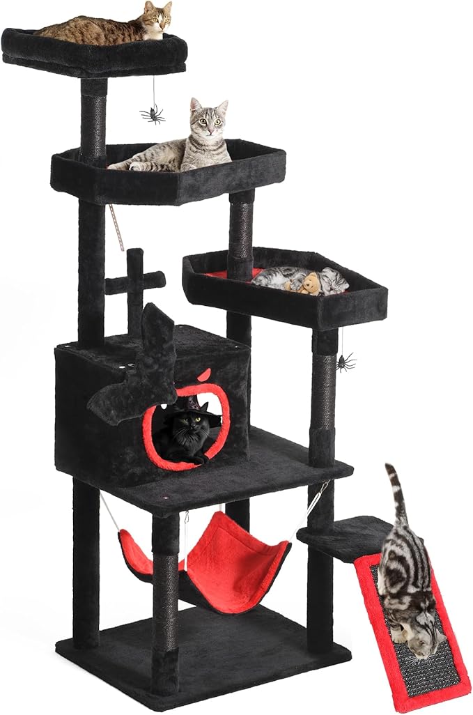 YITAHOME Gothic Cat Tree with Coffin Bed, 63" Tall Cat Tower for Indoor Cats with Top Perch, Spacious Cat Condos, Spider Hanging Balls,Comfy Hammock, Scratching Post and Ladder, Black Halloween | Cat Tower with Top Perch, Spacious Cat Condos, Spider Ha...