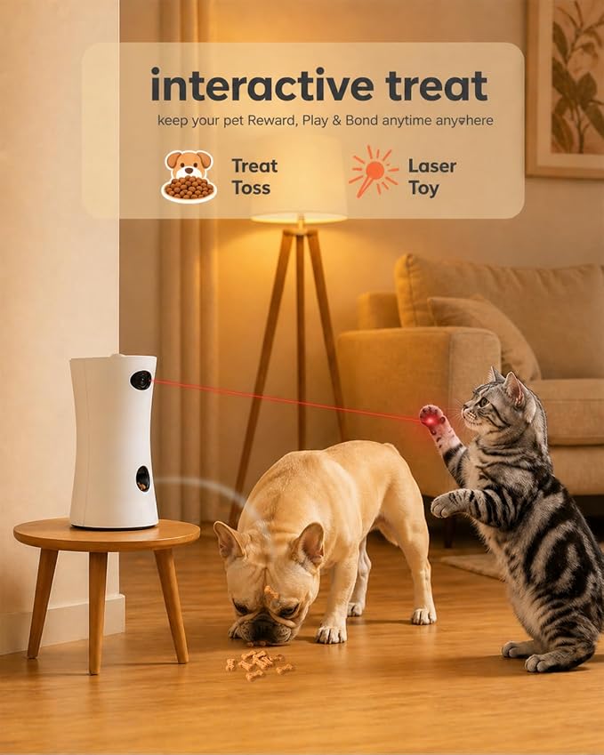 Pet Camera Treat Dispenser, 360° Pet Dog Security Cameras with Phone App, WiFi 5G/2.4G, Two Way Audio, Night Vision, Remote Treat Tossing, Motion Alert for Home Indoor Pet Cat Puppy Monitoring