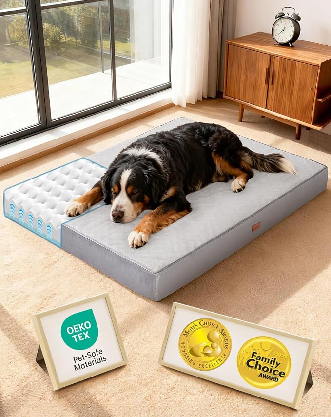 OhGeni Orthopedic Waterproof Large Dog Bed, Memory Foam, 54 inch(Gray) | Machine-Washable Removable Cover in Easy-Clean Fabric, Reversible Memory Foam & Easy-Carry Handle, Wider and Larger